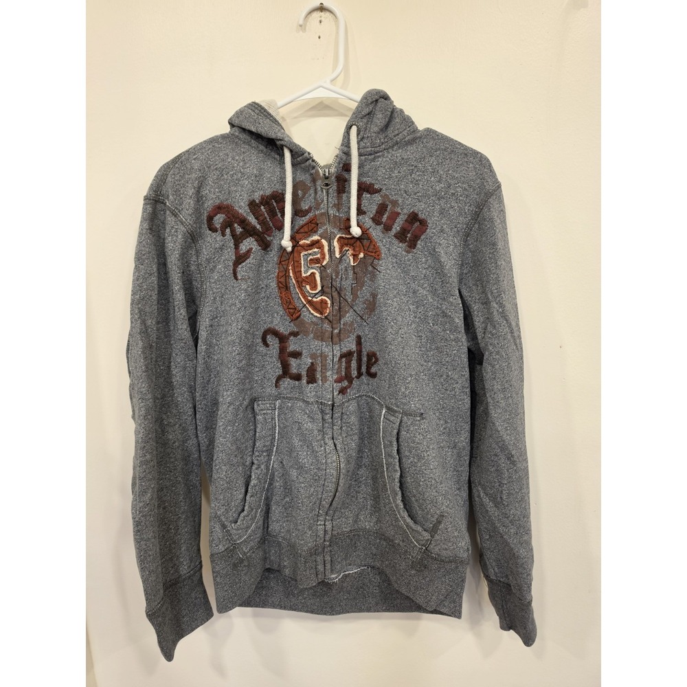 Y2K American Eagle Outfitters Gray Full Zip Hoodie Embroidered Graphic Mens M